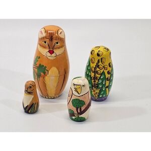 Russian Matryoshka Nesting Dolls Cat Fox Eagle Giraffe Animals Set 4 Wood 4.5"‎